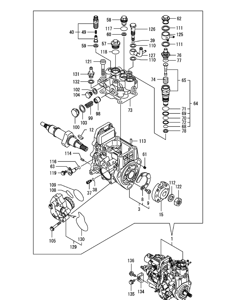 Yanmar 3tnv82a-Bdcb Fuel Injection Pump Diagram and Parts List for S7232-D 53AY8DU8050-312HP Cub Cadet Lawn Tractor